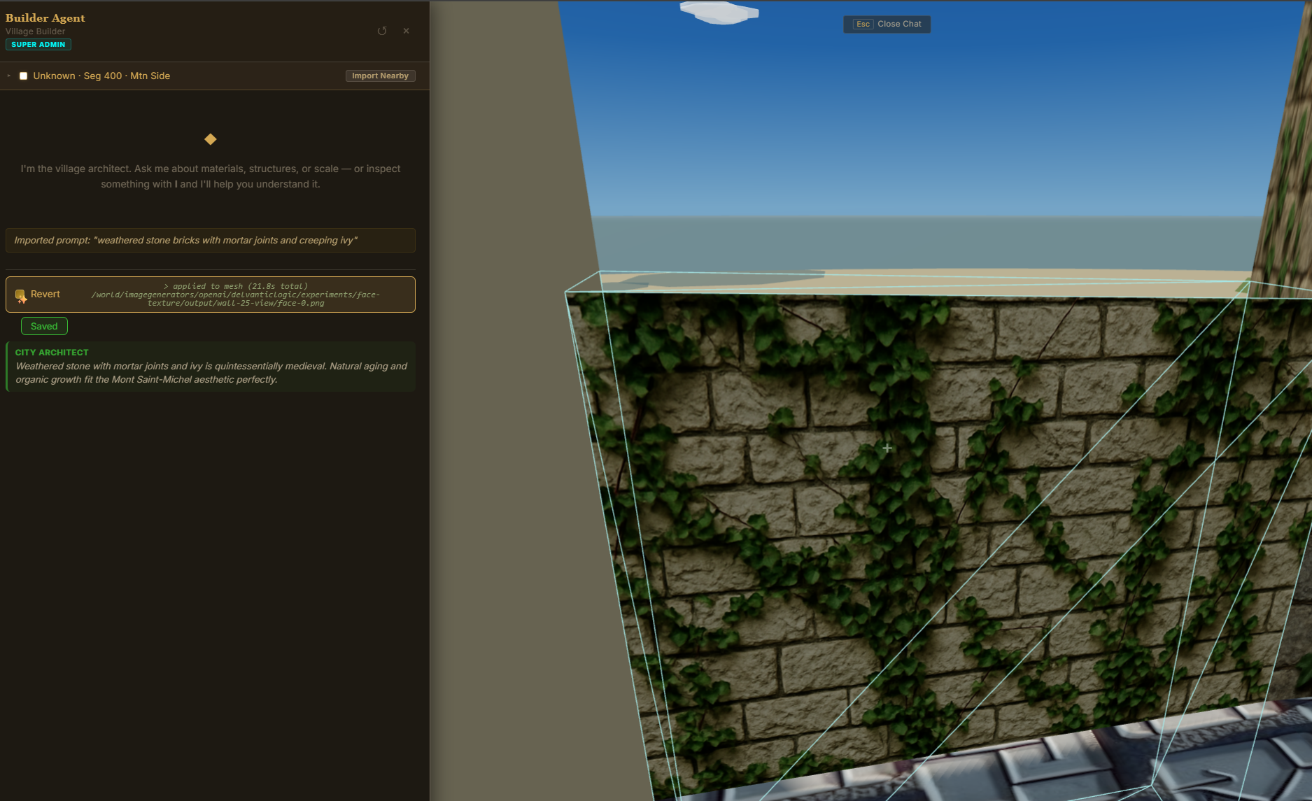 The builder chat — describe what you want and the AI creates it in 3D