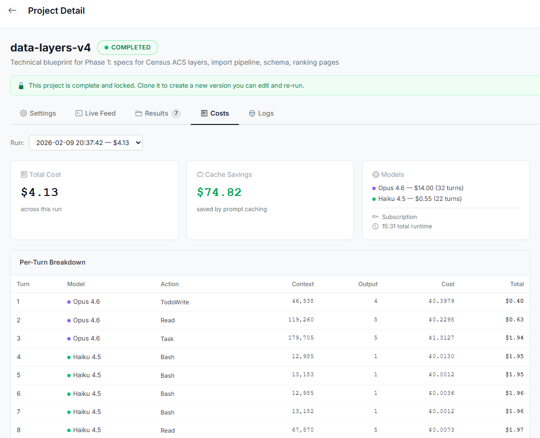 Delvantic cost breakdown showing per-turn token usage and pricing