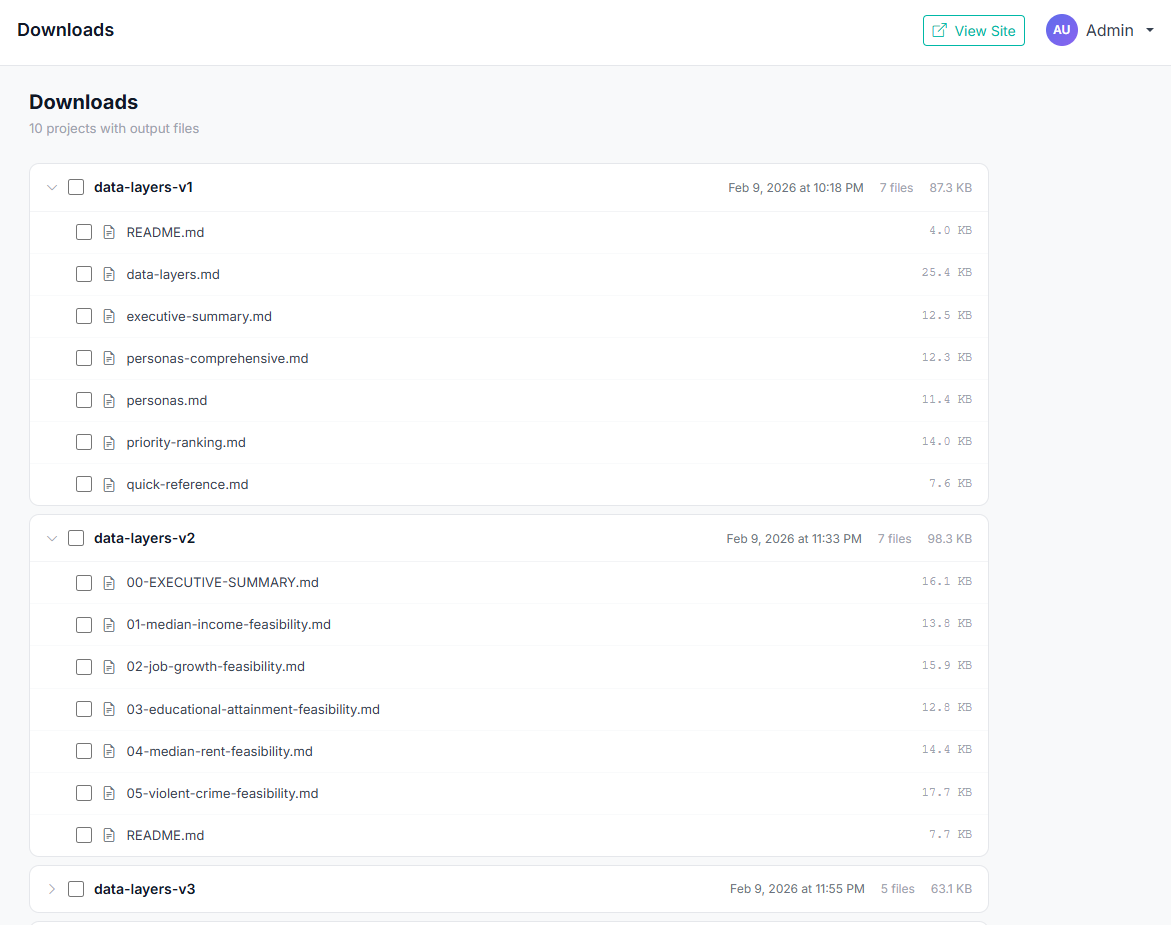 Delvantic downloads page showing organized output files across project versions