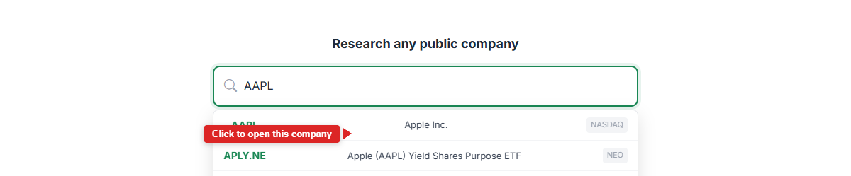 Search results dropdown showing Apple Inc.