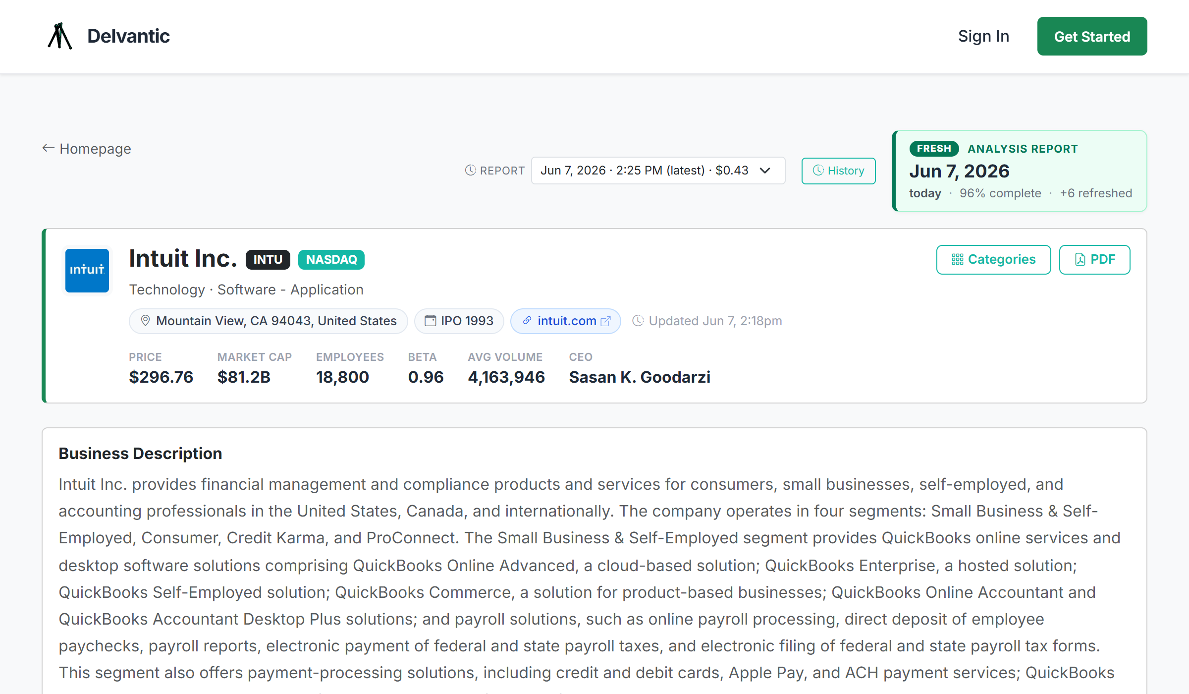 Top of a company detail page (price, profile, report freshness badge)