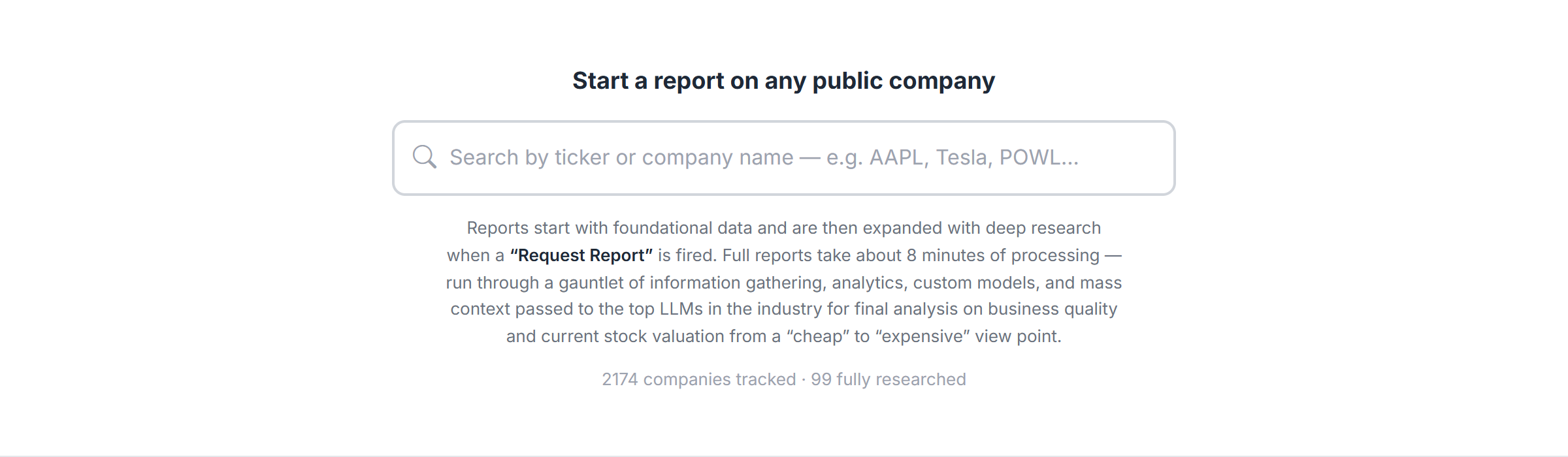 The homepage search bar — "Start a report on any public company"