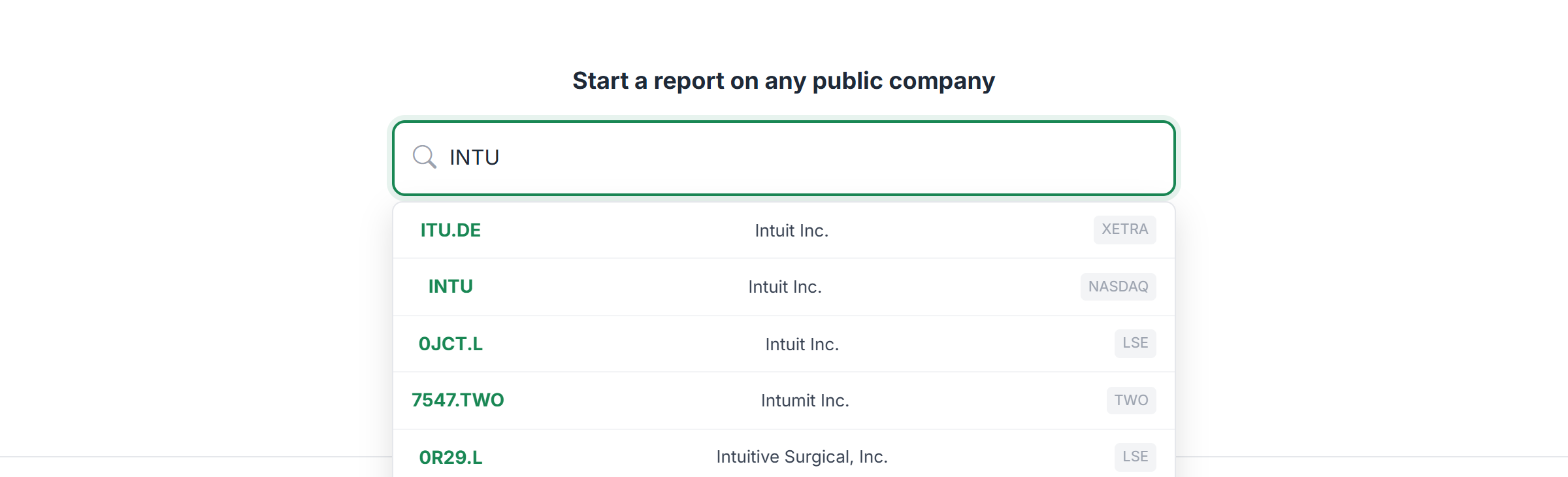 Search dropdown showing matches as you type a ticker (e.g. INTU)