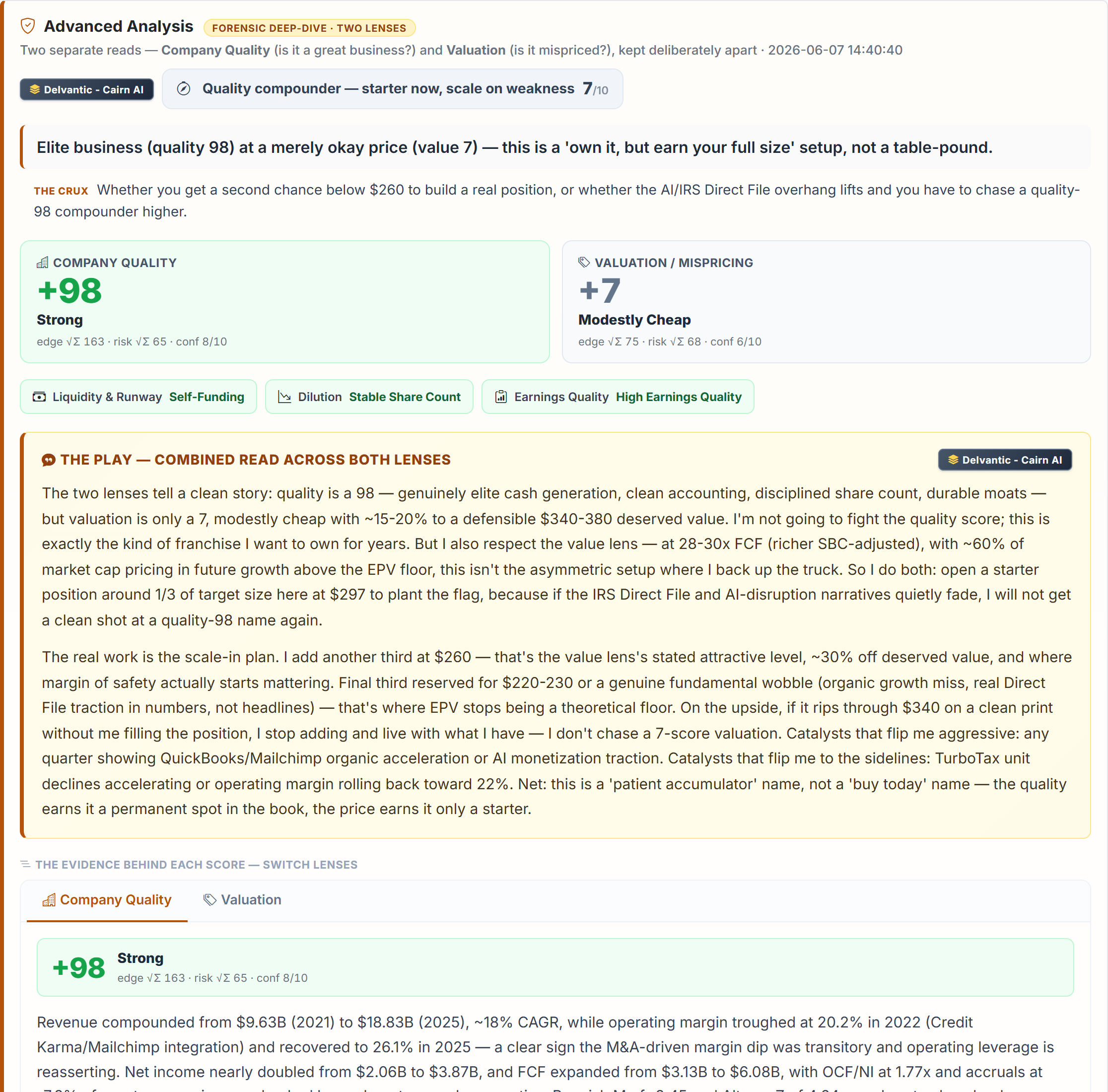 The Advanced Analysis card — two score strip (Quality / Value) + tabs + the play