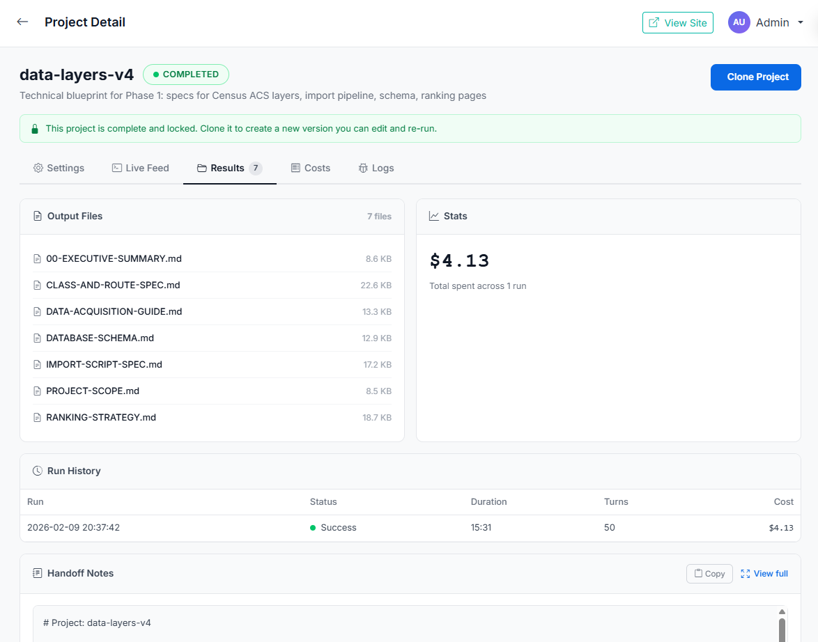 Delvantic results tab showing structured output files and run history